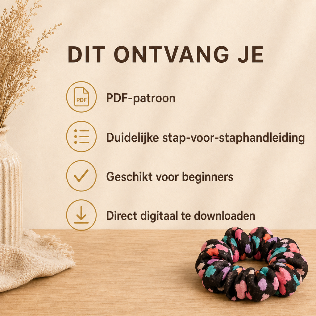 Inhoud digitaal naaipatroon Scrunchie Basis van Atelier KVG met patroon en stap-voor-stap handleiding