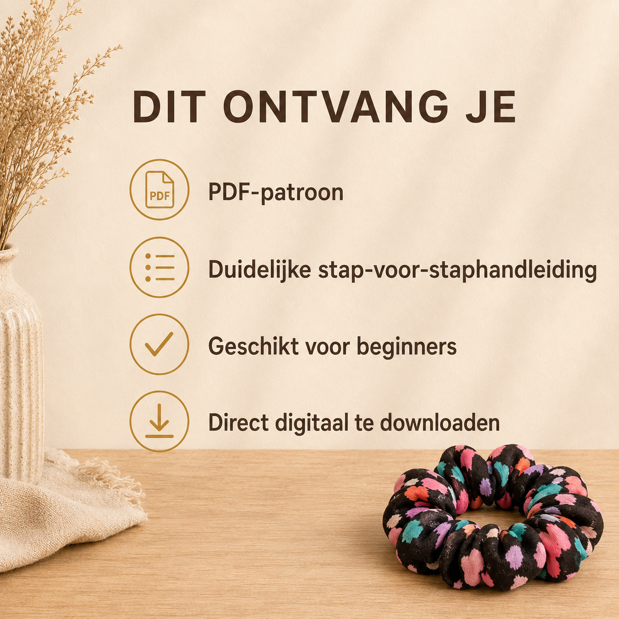 Inhoud digitaal naaipatroon Scrunchie Basis van Atelier KVG met patroon en stap-voor-stap handleiding