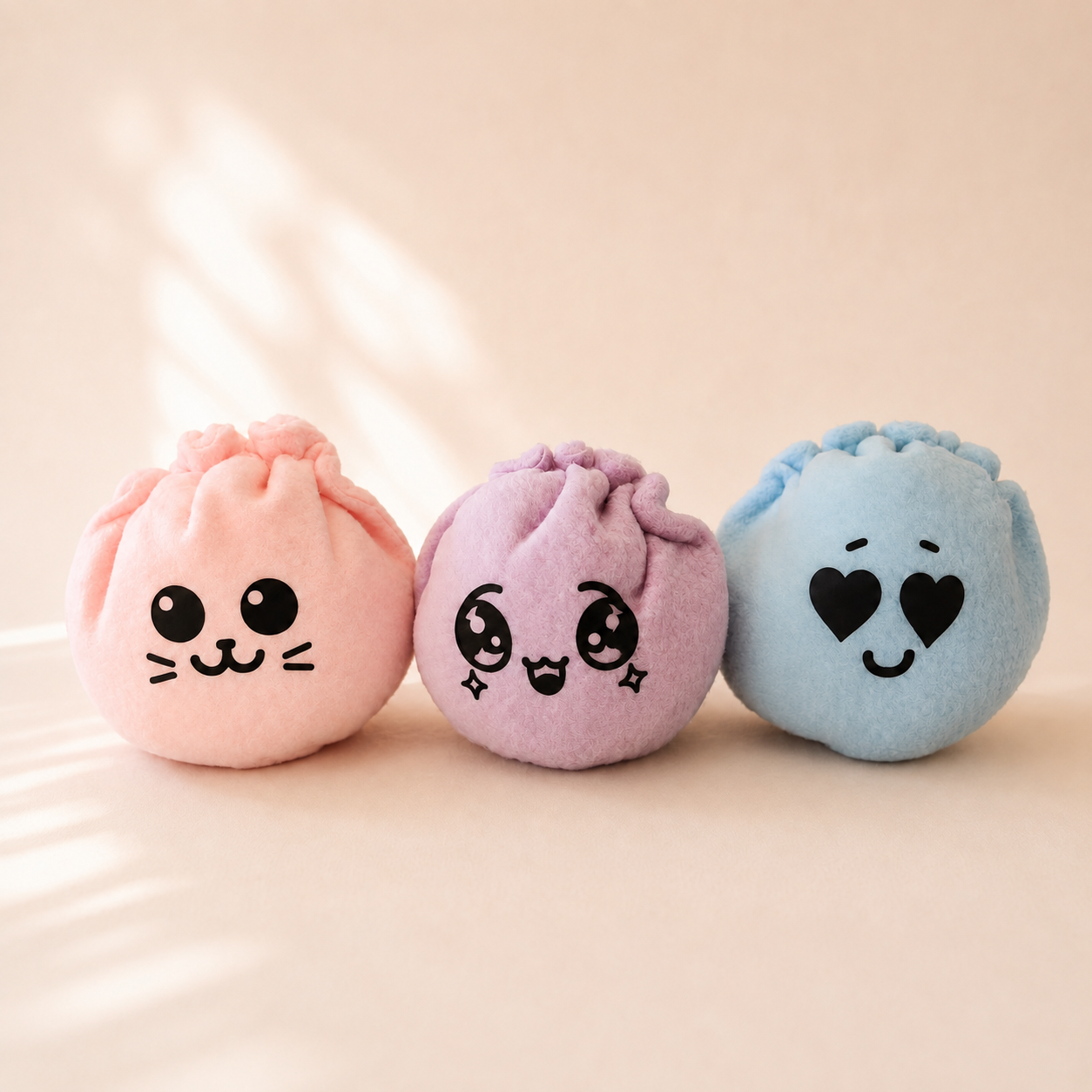 Drie zachte pastelkleurige dumplings in roze, lila en blauw met vrolijke zwarte gezichtjes.