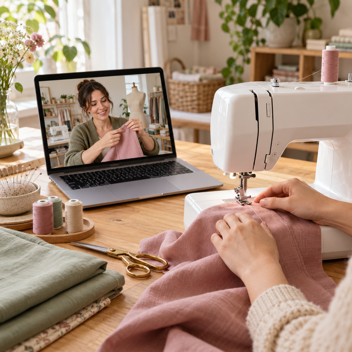 Online naaihulp via videobellen, met een naaimachine en laptop op een gezellige werkplek.