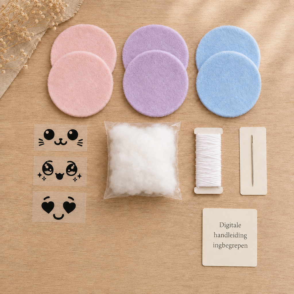 Inhoud van de Atelier KVG DIY naaibox Dumplings met pluche stof, zwarte gezichtjes, vulmateriaal, drieggaren en naald