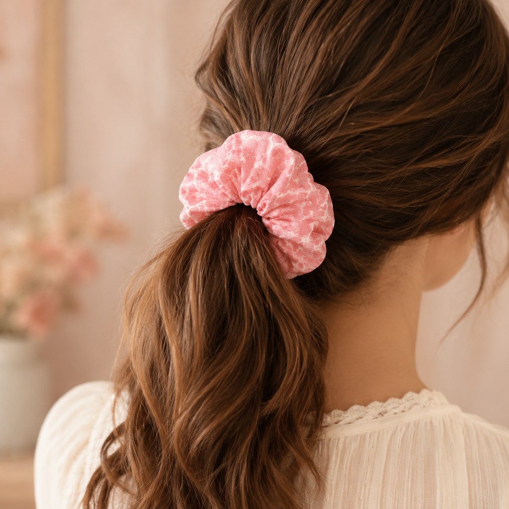 Roze scrunchie uit de DIY-naaibox van Atelier KVG gedragen in een paardenstaart