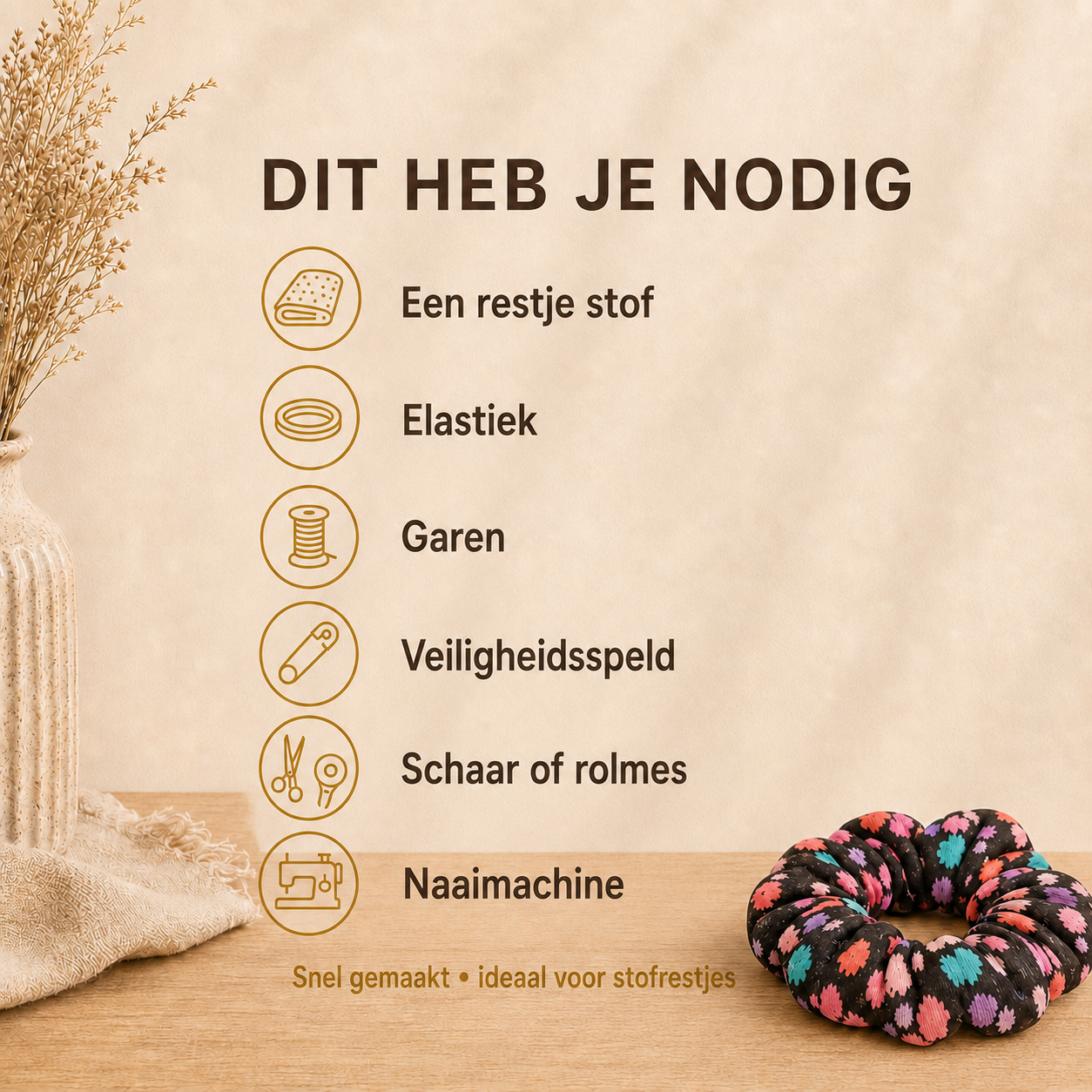 Benodigdheden voor het naaien van een scrunchie: stof, elastiek en veiligheidsspeld – Atelier KVG