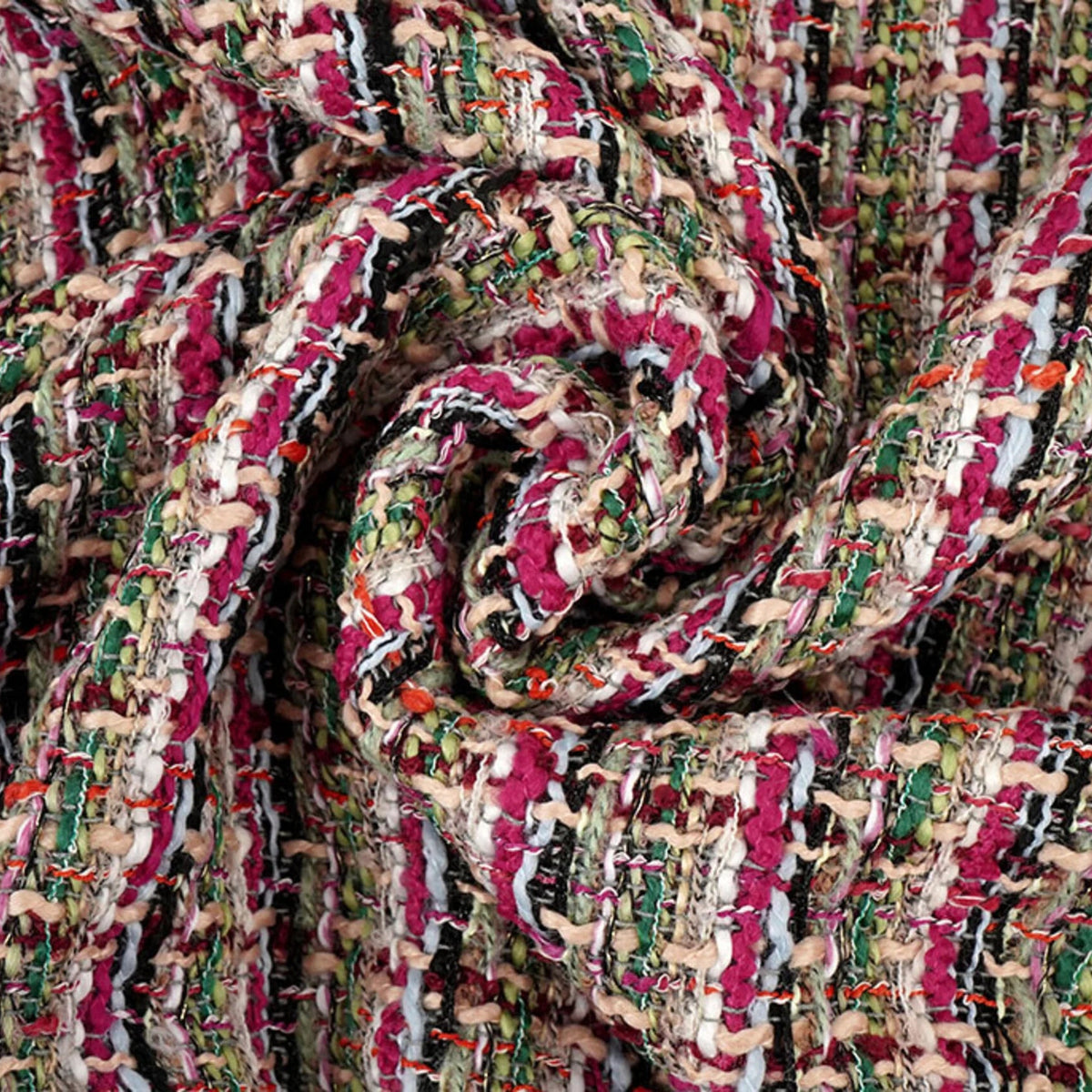Multicolor bouclé stof met fuchsia, groene en crèmekleurige draden en subtiele glitterdetails