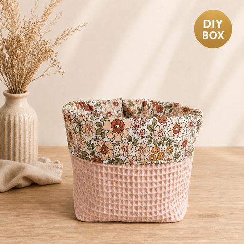 DIY Box stoffen mandje in roze wafelstof en bloemenstof van Atelier KVG