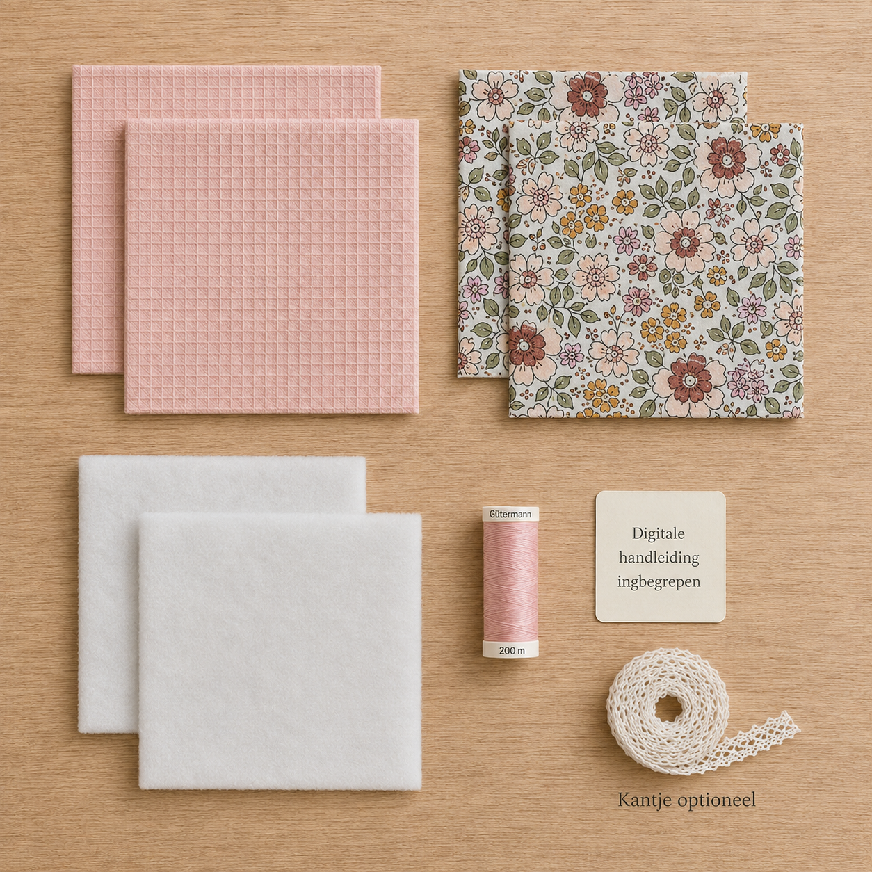 Inhoud DIY Box stoffen mandje van Atelier KVG met voorgeknipte stoffen, H640 en garen