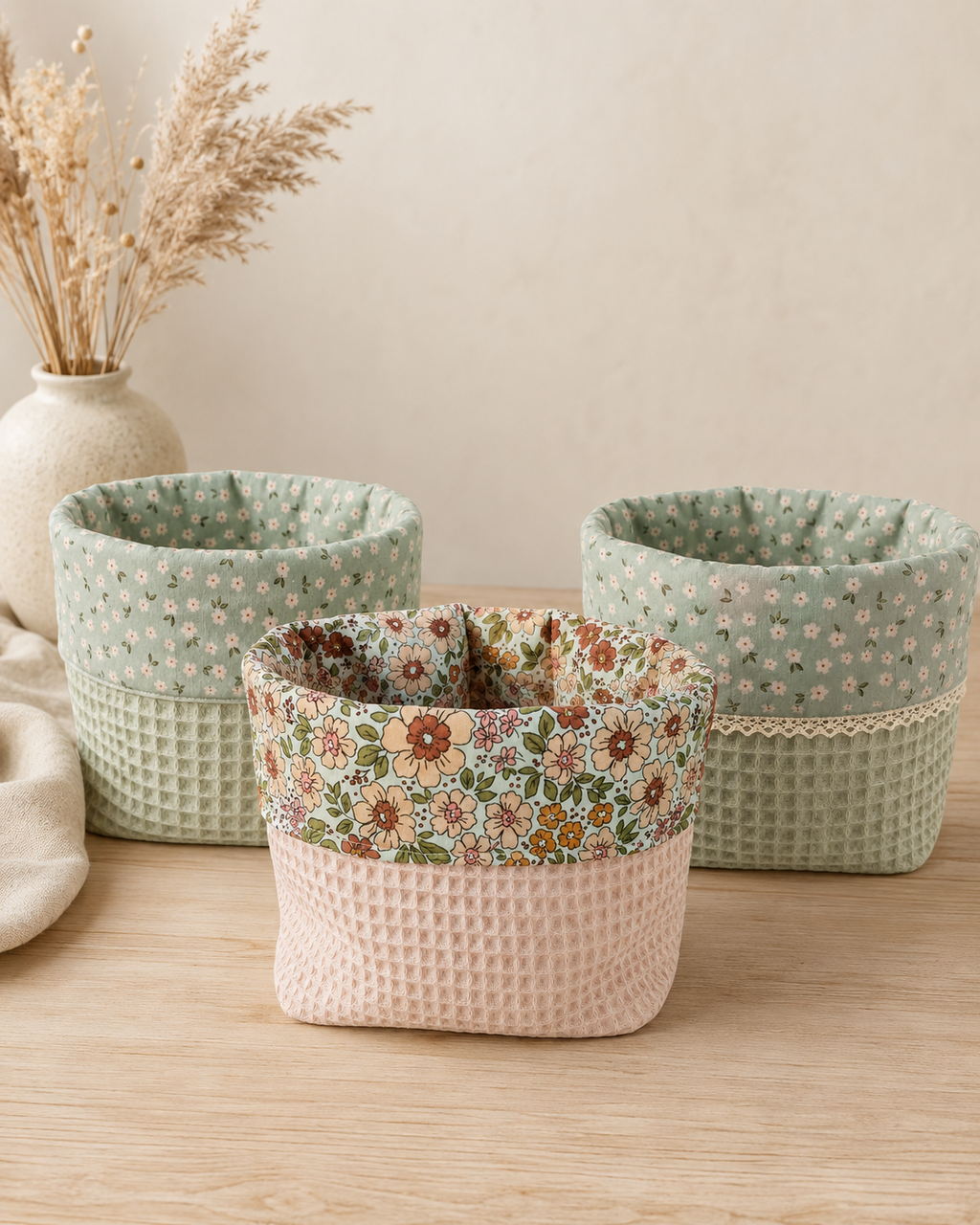 DIY Box stoffen mandjes in roze en muntgroen van Atelier KVG