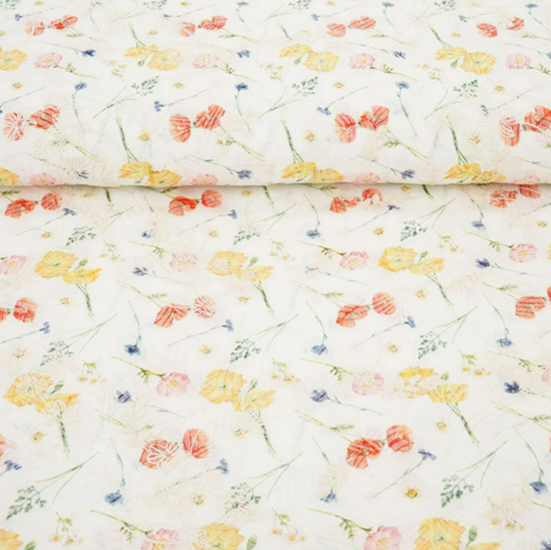Lichte witte katoenmix met meerkleurige bloemen en borduursel op rol