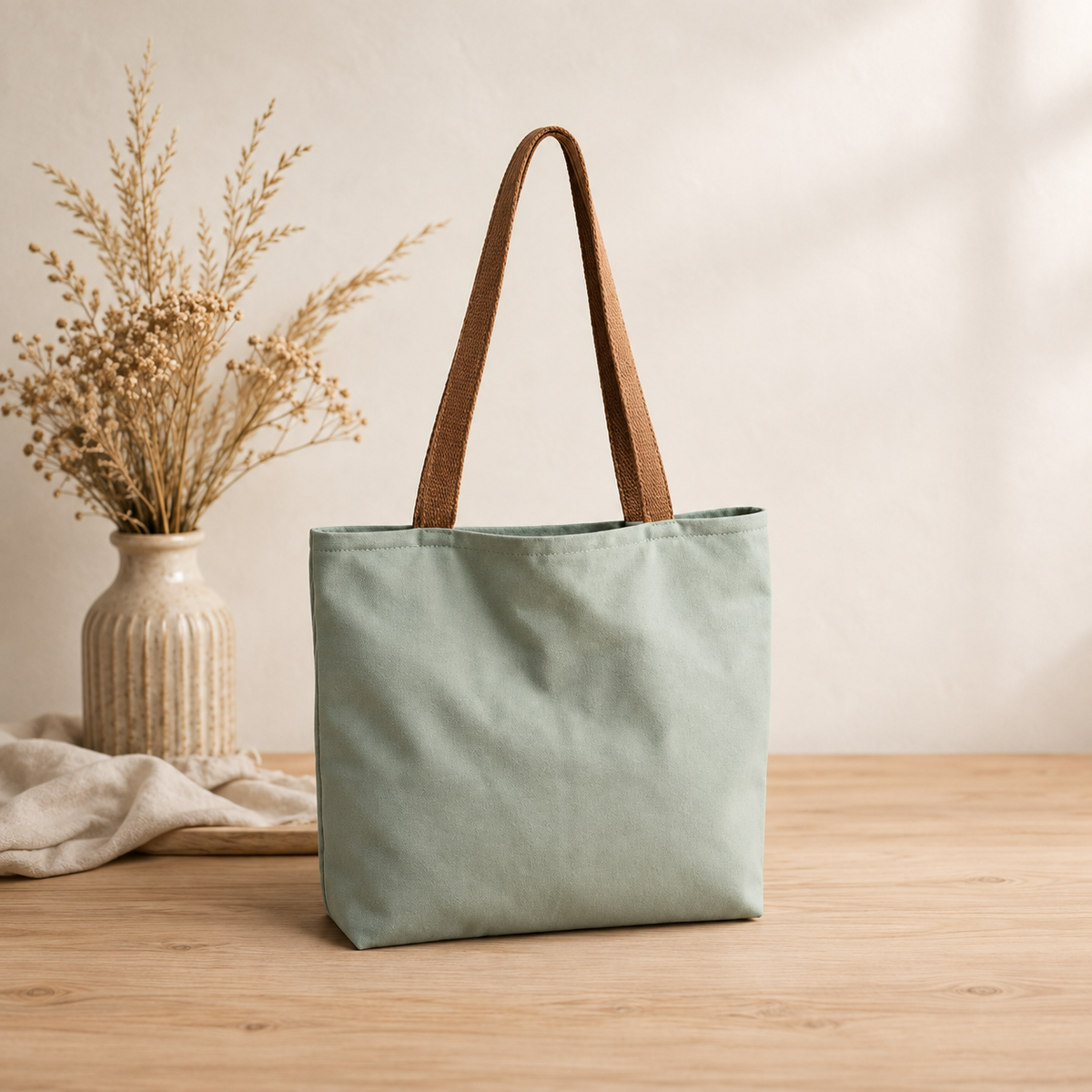 Voorbeeld van een gevoerde tote bag met groene katoen en bruine handvatten, te maken tijdens een begeleide naailes.