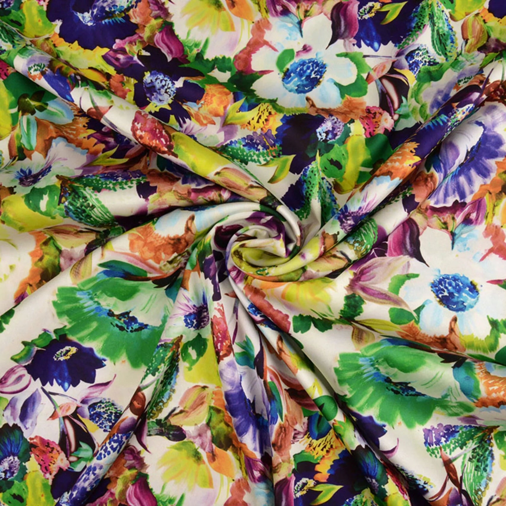 Soepele multicolor stretchsatijn met kleurrijke bloemen