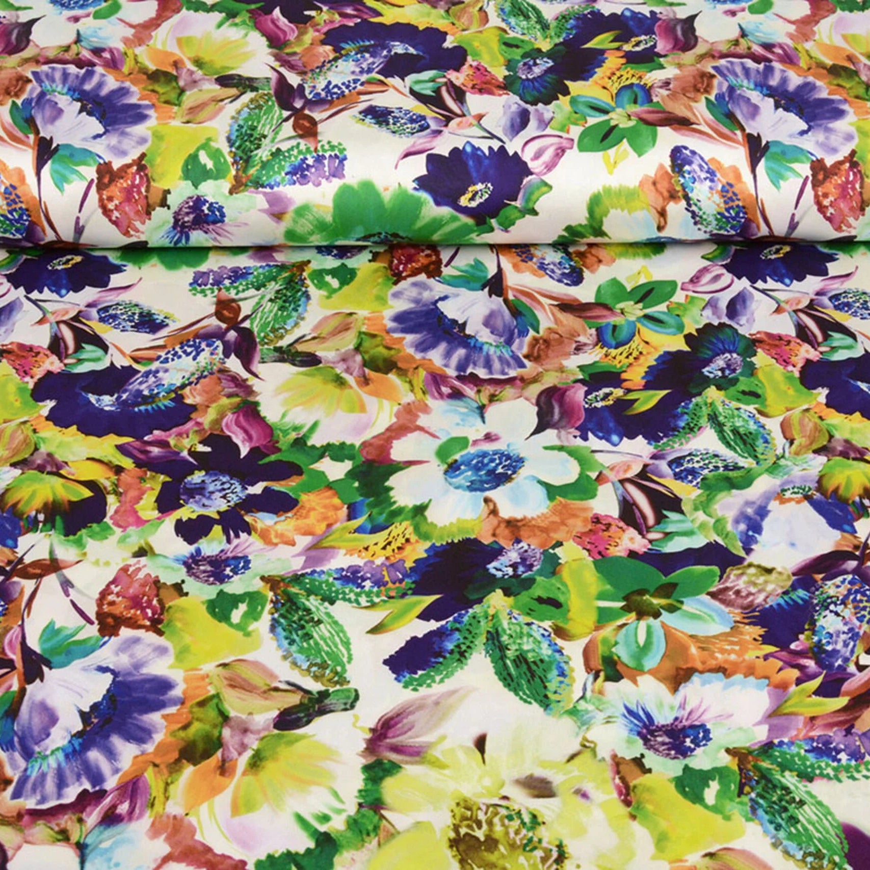 Atelier KVG – kleurrijke stretchsatijn met grote bloemenprint