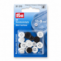 Verpakking Prym overhemdknopen met 20 knopen in lichte en donkere kleuren, maten 9 en 11 mm.
