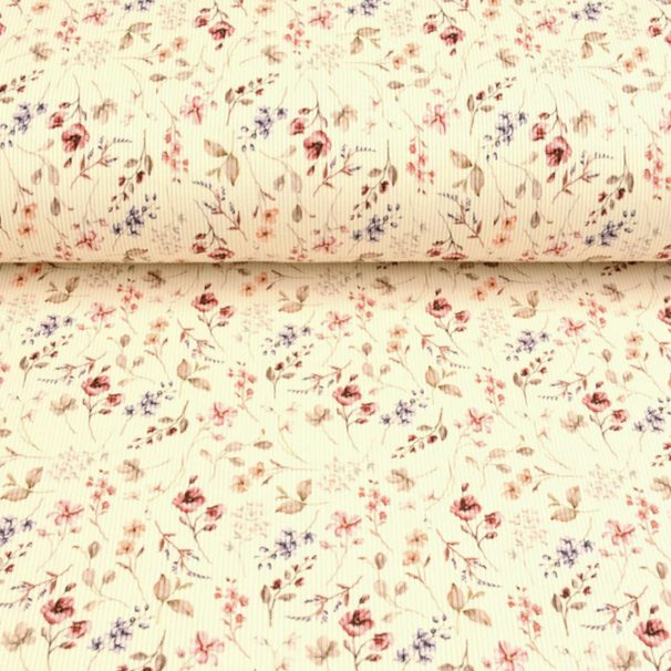 Crèmekleurige rib jersey met romantische bloemenprint van katoen met elastan
