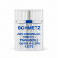 Schmetz Stretch tweelingnaald 4,0/75 in transparant doosje, voor het afwerken van rekbare stoffen.