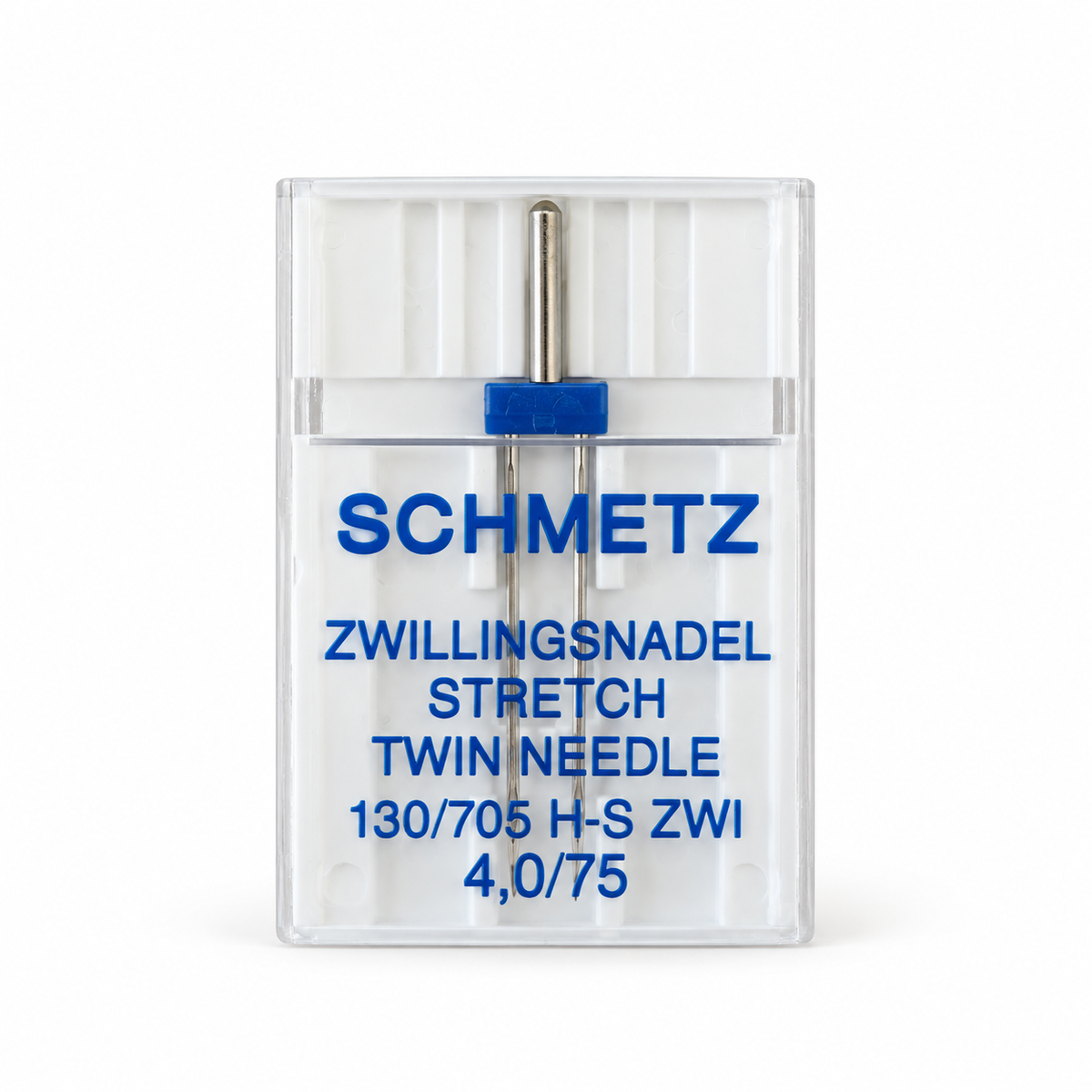 Schmetz Stretch tweelingnaald 4,0/75 in transparant doosje, voor het afwerken van rekbare stoffen.
