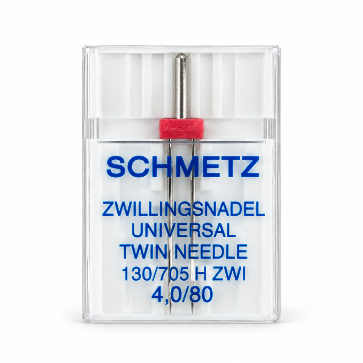 Schmetz Universal tweelingnaald 4,0/80 in transparant doosje, voor twee evenwijdige stiknaden op geweven stoffen.