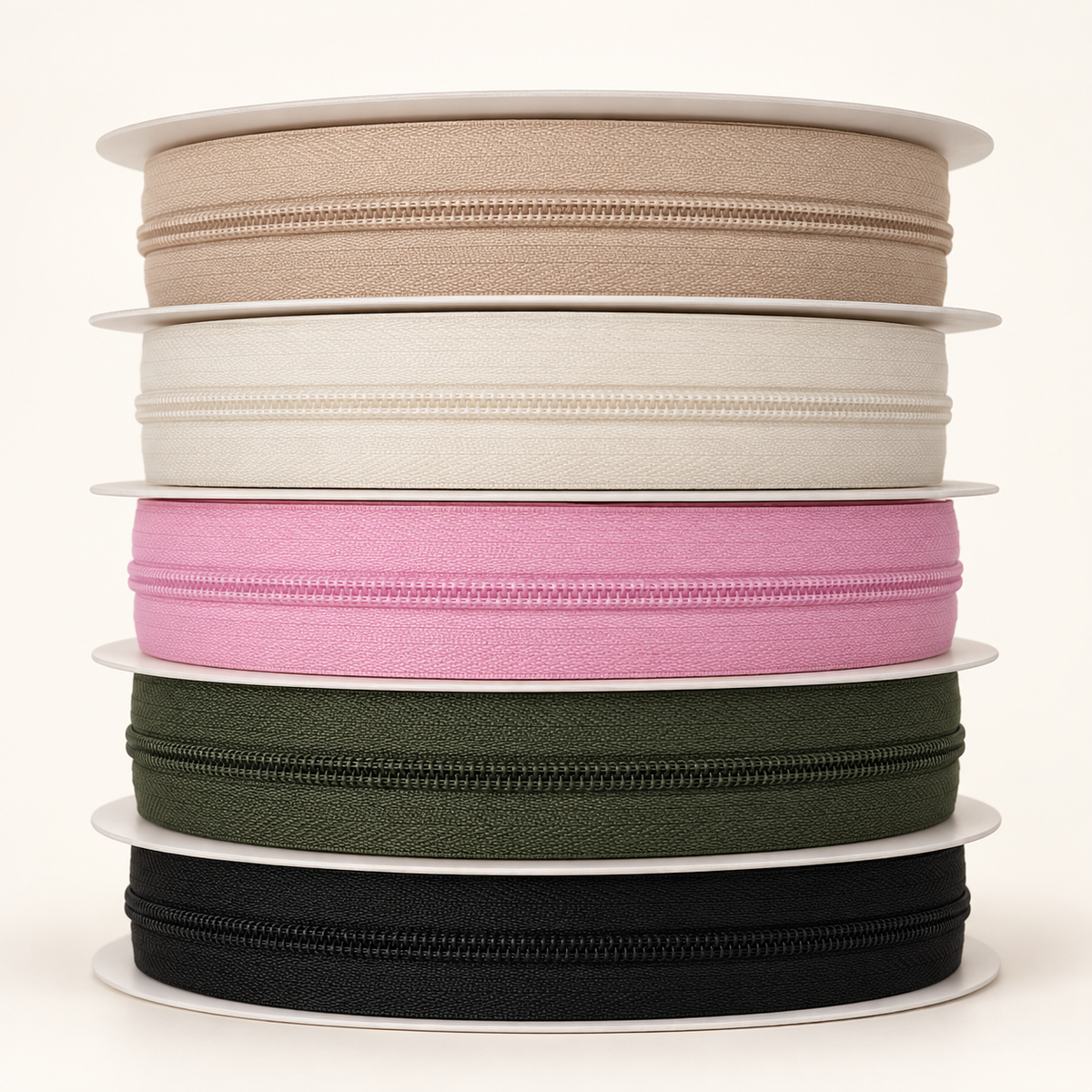 Spiraalrits op rol in beige, naturel, roze, legergroen en zwart