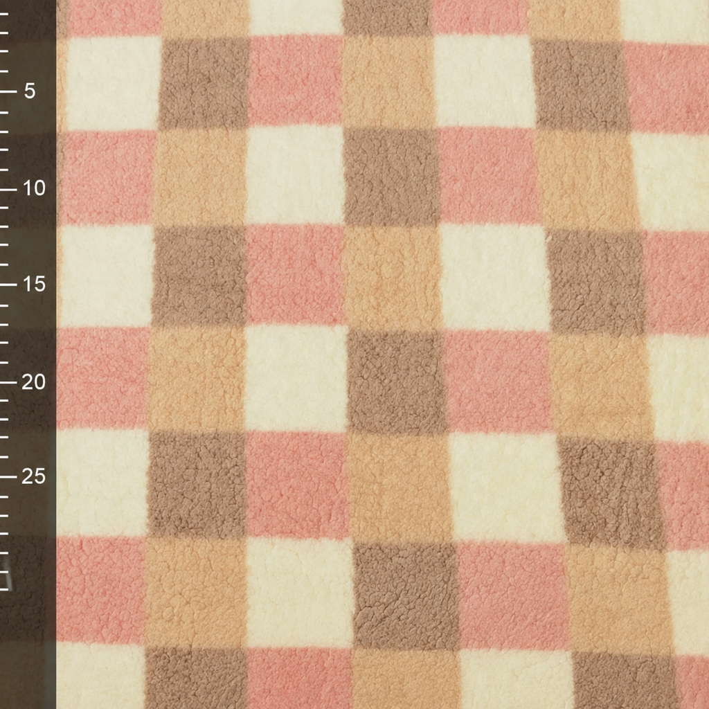 Detail van geruite teddy fleece in crème, zachtroze en taupe