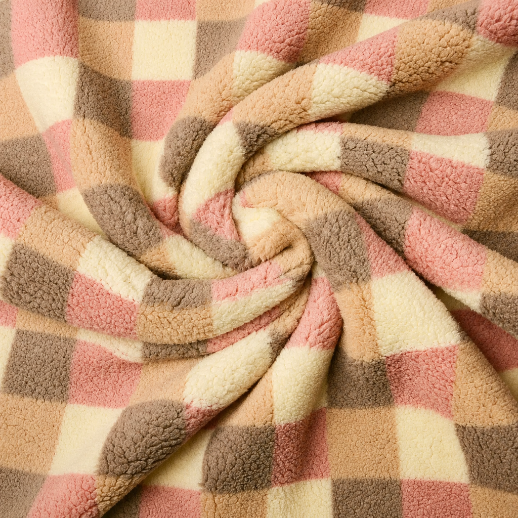 Zachte teddy fleece met ruit in crème, roze en taupe
