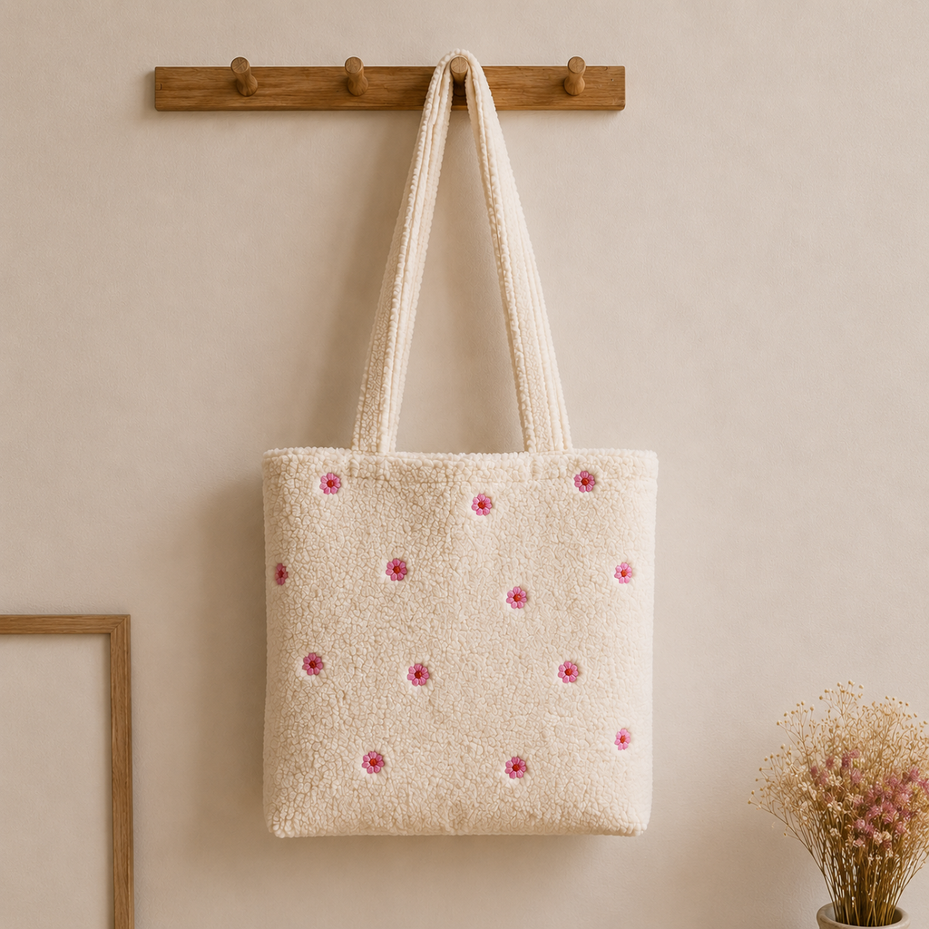 Voorbeeld van een crèmekleurige teddy shopper voor de naaiworkshop van Atelier KVG